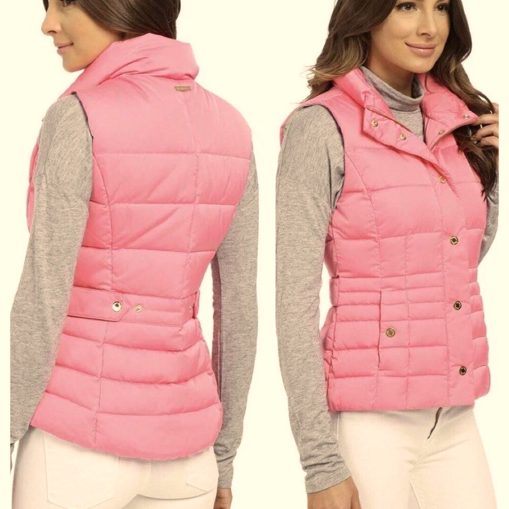 Lilly Pulitzer Pink Orange Sleeveless Snap Button Zip Up Down Puffer Vest S